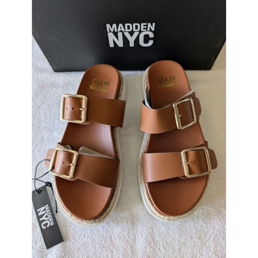 Madden NYC Platform Slide Sandals Sz 7 Cognac Double Buckle Espadrille